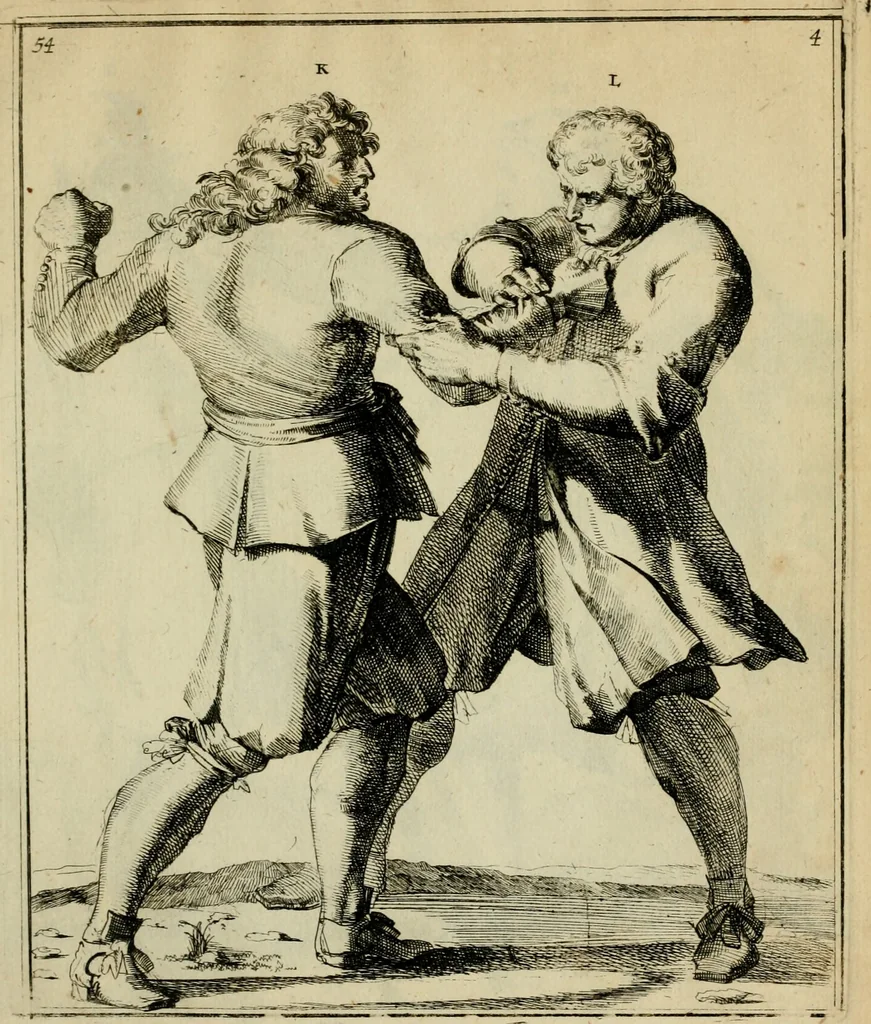 An illustration from Klare onderrichtinge der voortreffelijcke worstel-konst : verhandelende hoemen in alle voorvallen van twist in handtgemeenschap, sich kan hoeden : en alle aengrepen, borst-stooten, vuyst-slagen &c. versetten ..., 1674, leaf 134