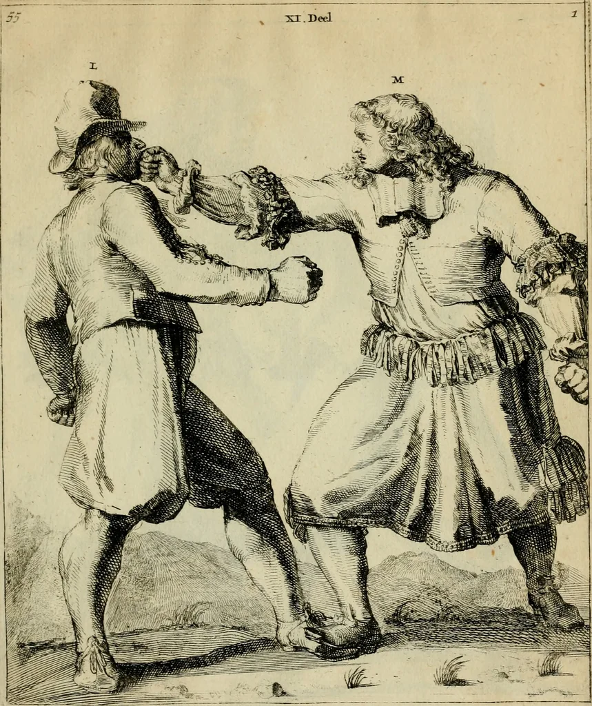 An illustration from Klare onderrichtinge der voortreffelijcke worstel-konst : verhandelende hoemen in alle voorvallen van twist in handtgemeenschap, sich kan hoeden : en alle aengrepen, borst-stooten, vuyst-slagen &c. versetten ..., 1674, leaf 136