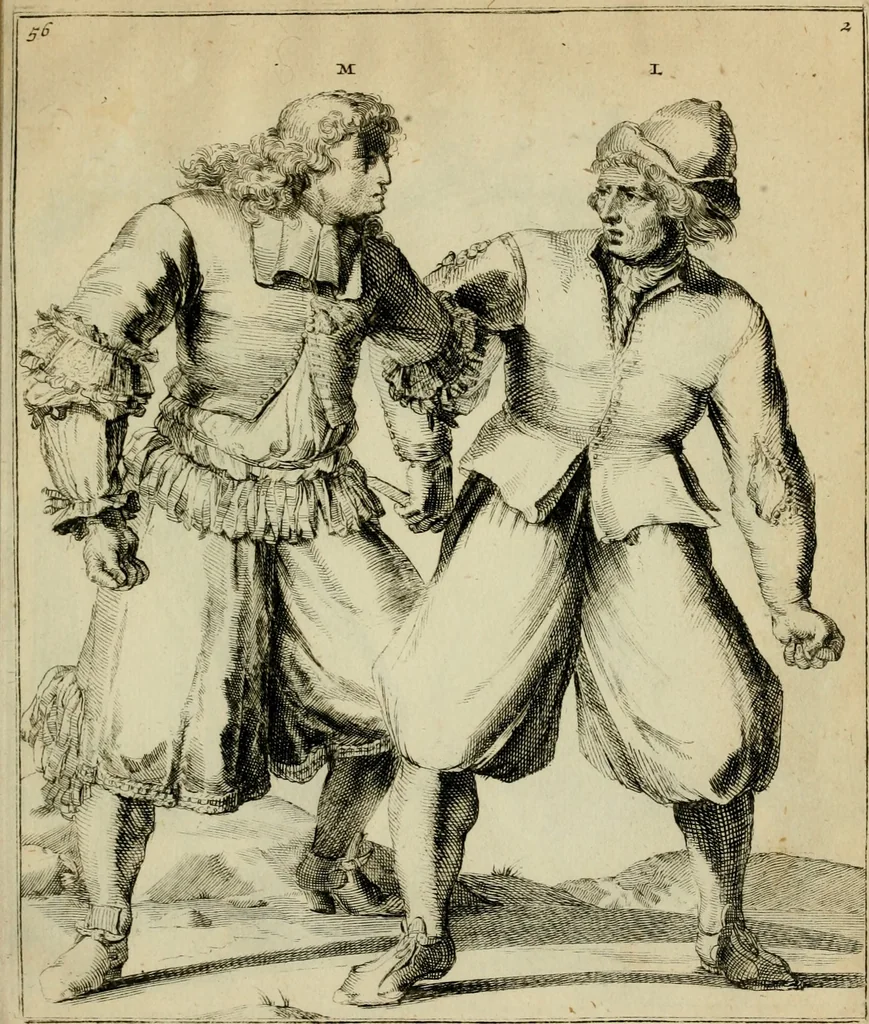 An illustration from Klare onderrichtinge der voortreffelijcke worstel-konst : verhandelende hoemen in alle voorvallen van twist in handtgemeenschap, sich kan hoeden : en alle aengrepen, borst-stooten, vuyst-slagen &c. versetten ..., 1674, leaf 138