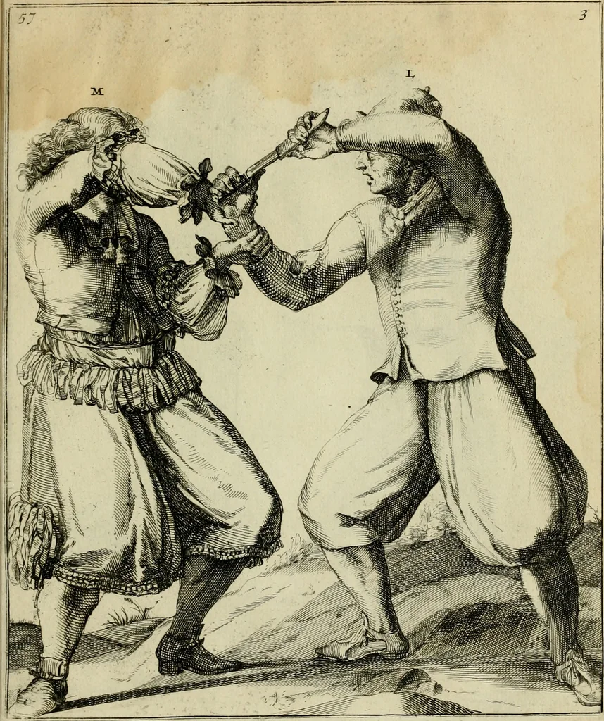 An illustration from Klare onderrichtinge der voortreffelijcke worstel-konst : verhandelende hoemen in alle voorvallen van twist in handtgemeenschap, sich kan hoeden : en alle aengrepen, borst-stooten, vuyst-slagen &c. versetten ..., 1674, leaf 140