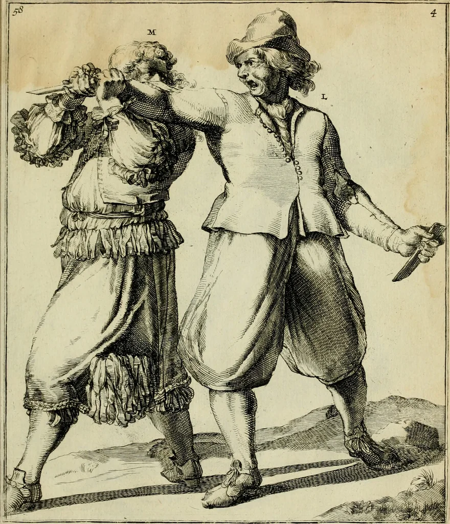 An illustration from Klare onderrichtinge der voortreffelijcke worstel-konst : verhandelende hoemen in alle voorvallen van twist in handtgemeenschap, sich kan hoeden : en alle aengrepen, borst-stooten, vuyst-slagen &c. versetten ..., 1674, leaf 142