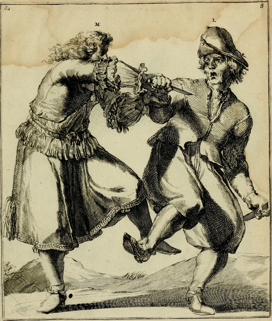 An illustration from Klare onderrichtinge der voortreffelijcke worstel-konst : verhandelende hoemen in alle voorvallen van twist in handtgemeenschap, sich kan hoeden : en alle aengrepen, borst-stooten, vuyst-slagen &c. versetten ..., 1674, leaf 150