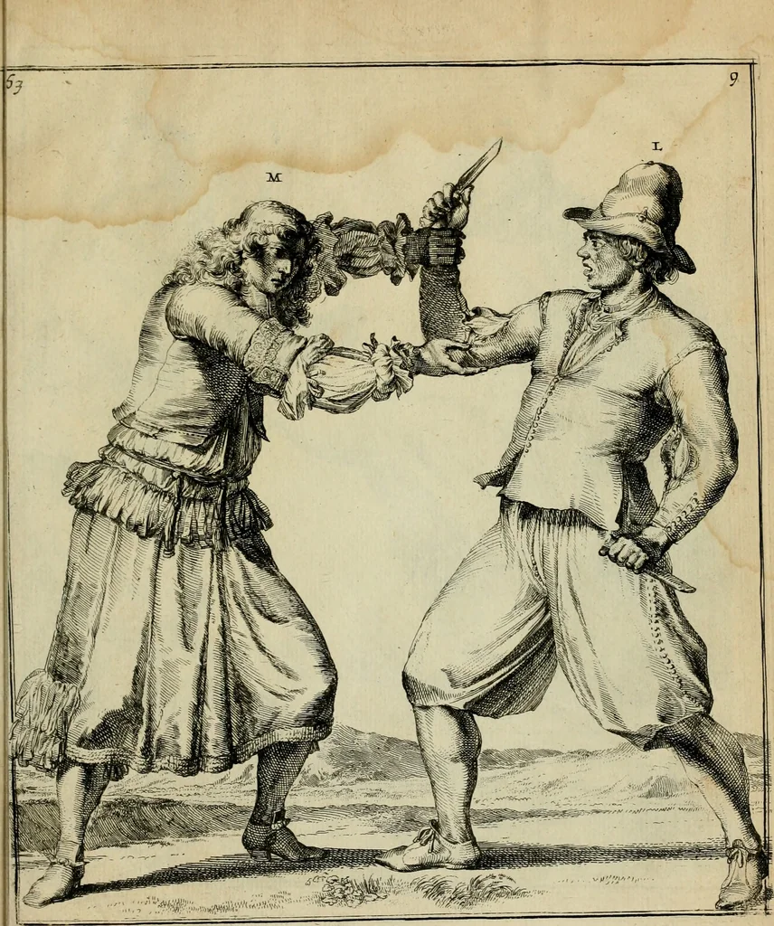 An illustration from Klare onderrichtinge der voortreffelijcke worstel-konst : verhandelende hoemen in alle voorvallen van twist in handtgemeenschap, sich kan hoeden : en alle aengrepen, borst-stooten, vuyst-slagen &c. versetten ..., 1674, leaf 152
