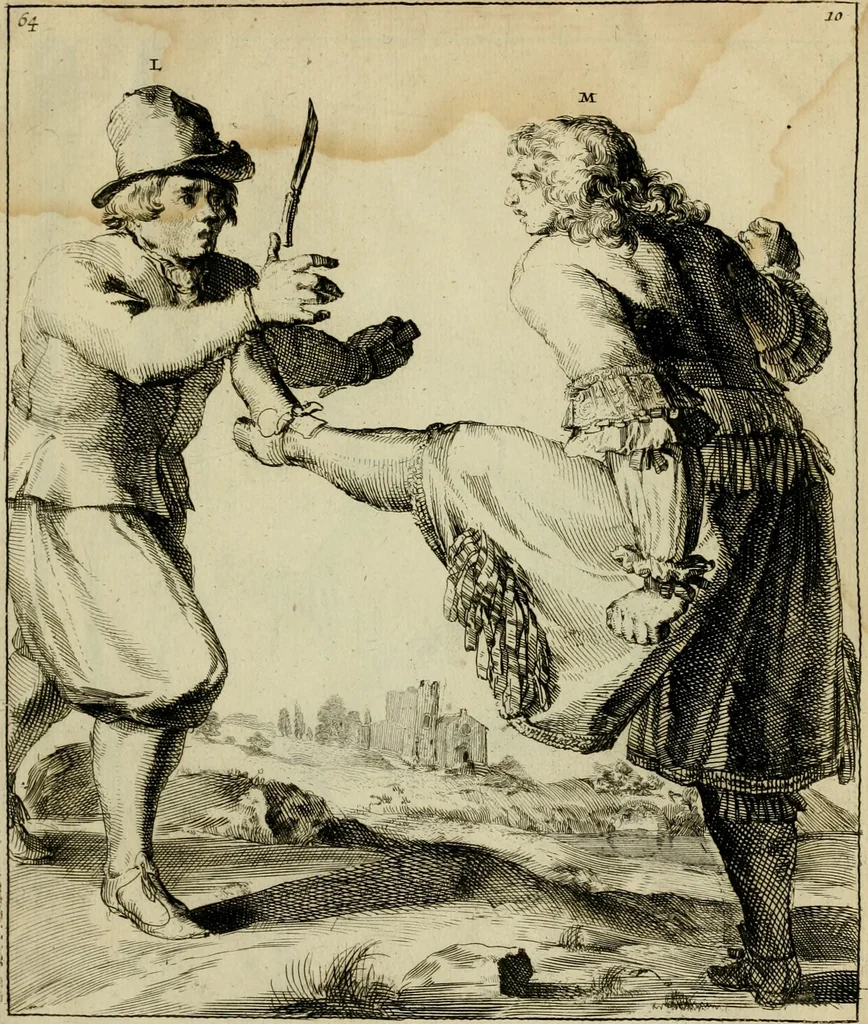 An illustration from Klare onderrichtinge der voortreffelijcke worstel-konst : verhandelende hoemen in alle voorvallen van twist in handtgemeenschap, sich kan hoeden : en alle aengrepen, borst-stooten, vuyst-slagen &c. versetten ..., 1674, leaf 154