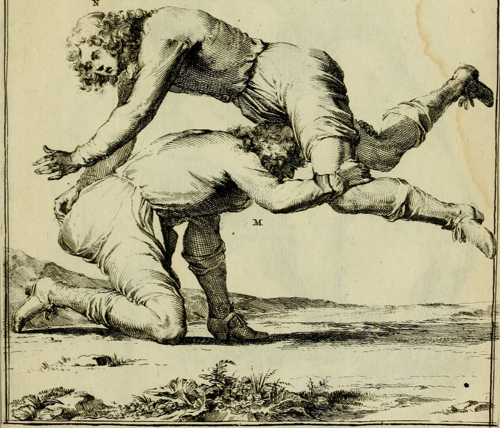 An illustration from Klare onderrichtinge der voortreffelijcke worstel-konst : verhandelende hoemen in alle voorvallen van twist in handtgemeenschap, sich kan hoeden : en alle aengrepen, borst-stooten, vuyst-slagen &c. versetten ..., 1674, leaf 158