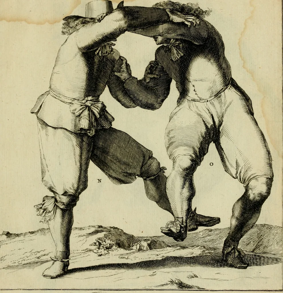 An illustration from Klare onderrichtinge der voortreffelijcke worstel-konst : verhandelende hoemen in alle voorvallen van twist in handtgemeenschap, sich kan hoeden : en alle aengrepen, borst-stooten, vuyst-slagen &c. versetten ..., 1674, leaf 160