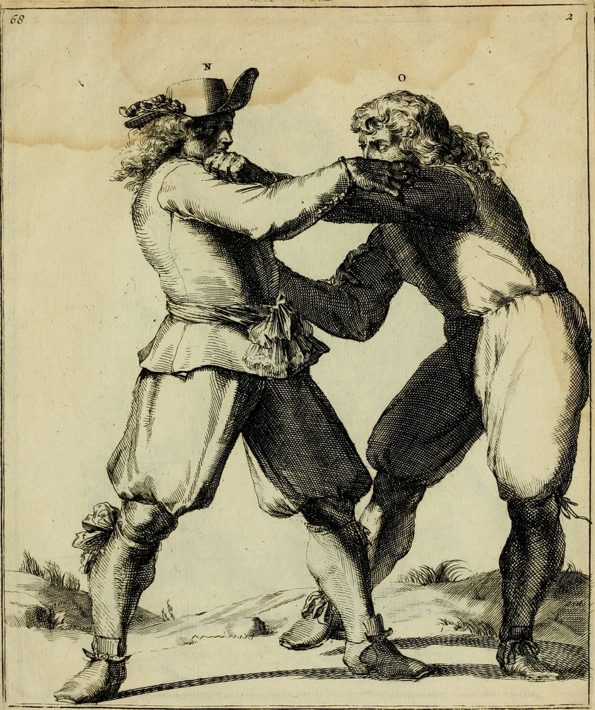 An illustration from Klare onderrichtinge der voortreffelijcke worstel-konst : verhandelende hoemen in alle voorvallen van twist in handtgemeenschap, sich kan hoeden : en alle aengrepen, borst-stooten, vuyst-slagen &c. versetten ..., 1674, leaf 162