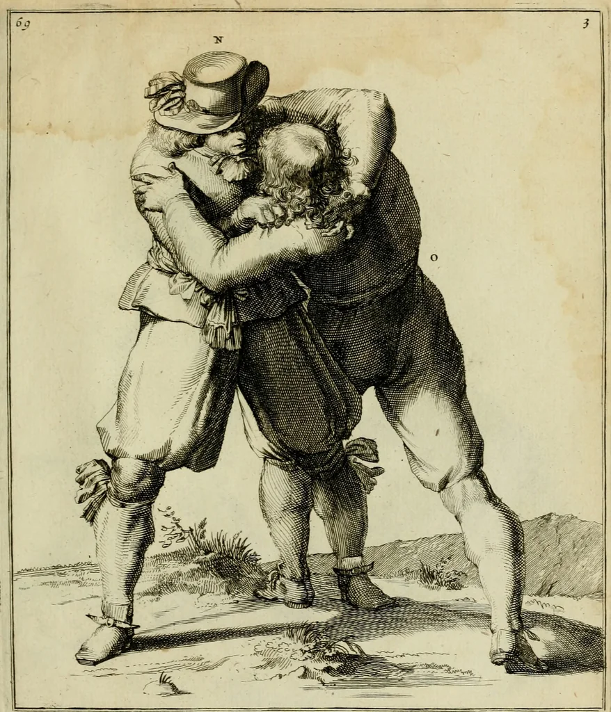 An illustration from Klare onderrichtinge der voortreffelijcke worstel-konst : verhandelende hoemen in alle voorvallen van twist in handtgemeenschap, sich kan hoeden : en alle aengrepen, borst-stooten, vuyst-slagen &c. versetten ..., 1674, leaf 164