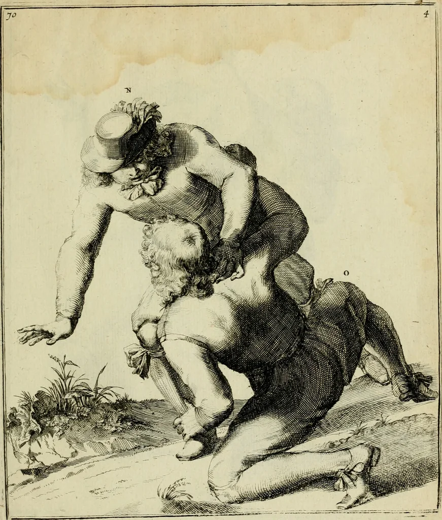An illustration from Klare onderrichtinge der voortreffelijcke worstel-konst : verhandelende hoemen in alle voorvallen van twist in handtgemeenschap, sich kan hoeden : en alle aengrepen, borst-stooten, vuyst-slagen &c. versetten ..., 1674, leaf 166