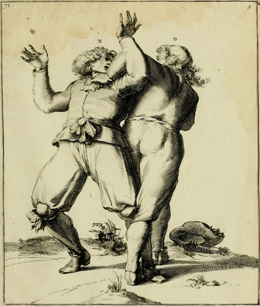 An illustration from Klare onderrichtinge der voortreffelijcke worstel-konst : verhandelende hoemen in alle voorvallen van twist in handtgemeenschap, sich kan hoeden : en alle aengrepen, borst-stooten, vuyst-slagen &c. versetten ..., 1674, leaf 168