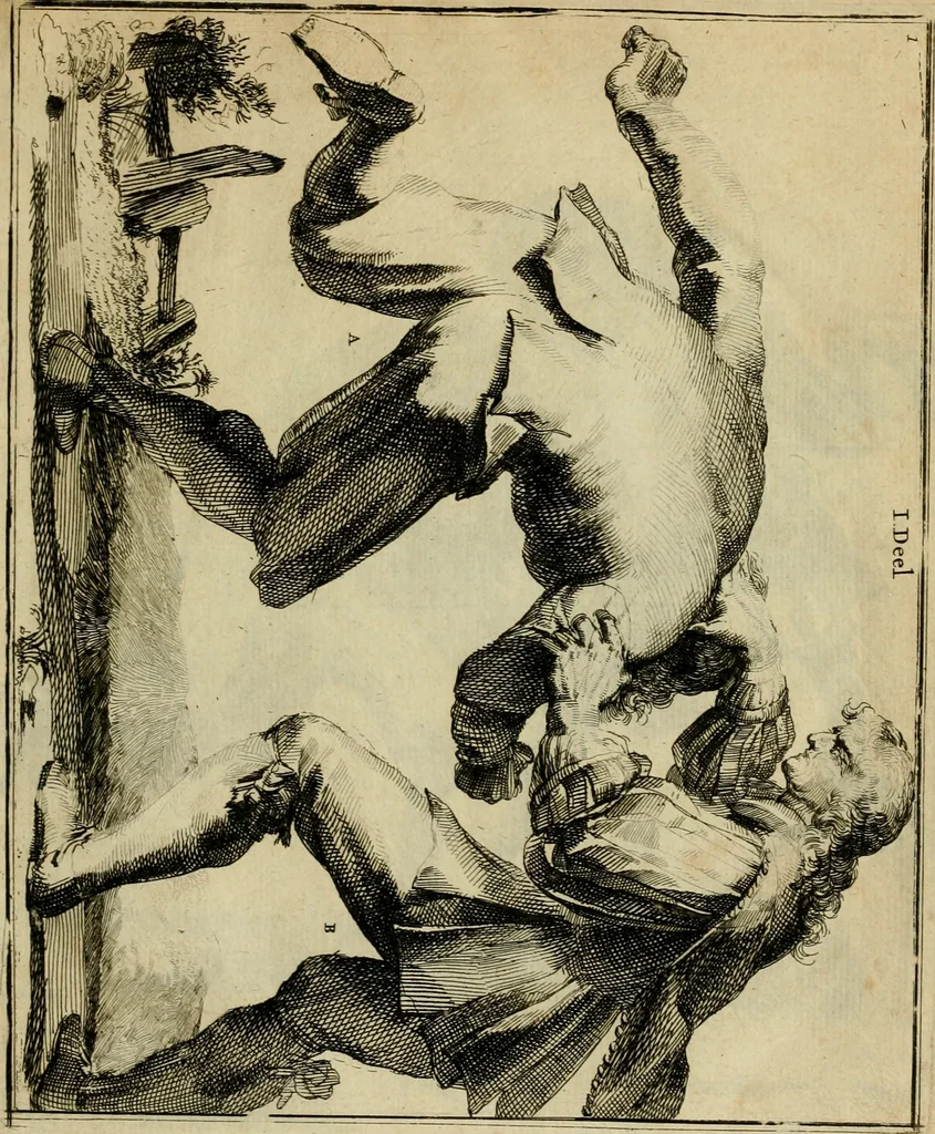 An illustration from Klare onderrichtinge der voortreffelijcke worstel-konst : verhandelende hoemen in alle voorvallen van twist in handtgemeenschap, sich kan hoeden : en alle aengrepen, borst-stooten, vuyst-slagen &c. versetten ..., 1674, leaf 28
