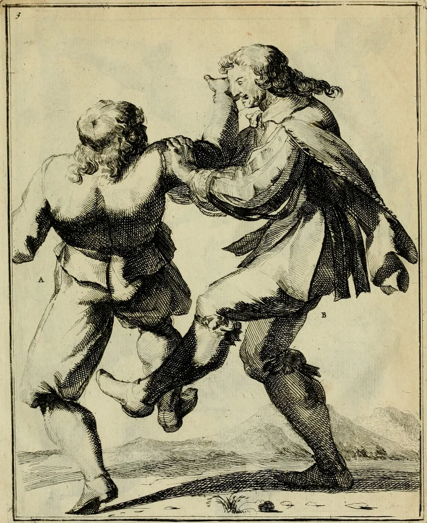 An illustration from Klare onderrichtinge der voortreffelijcke worstel-konst : verhandelende hoemen in alle voorvallen van twist in handtgemeenschap, sich kan hoeden : en alle aengrepen, borst-stooten, vuyst-slagen &c. versetten ..., 1674, leaf 32