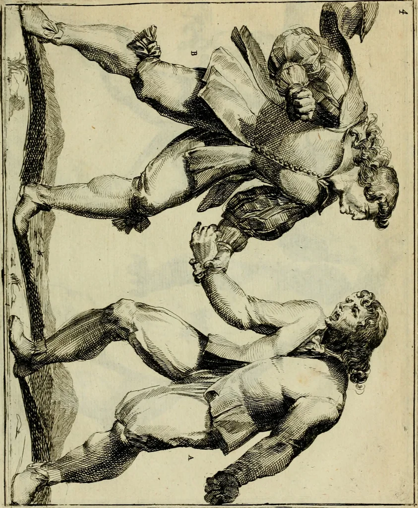 An illustration from Klare onderrichtinge der voortreffelijcke worstel-konst : verhandelende hoemen in alle voorvallen van twist in handtgemeenschap, sich kan hoeden : en alle aengrepen, borst-stooten, vuyst-slagen &c. versetten ..., 1674, leaf 34