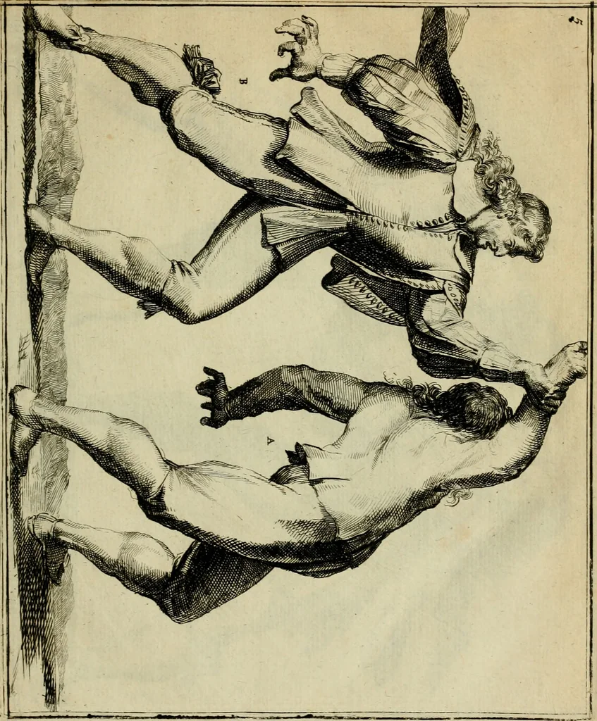 An illustration from Klare onderrichtinge der voortreffelijcke worstel-konst : verhandelende hoemen in alle voorvallen van twist in handtgemeenschap, sich kan hoeden : en alle aengrepen, borst-stooten, vuyst-slagen &c. versetten ..., 1674, leaf 36