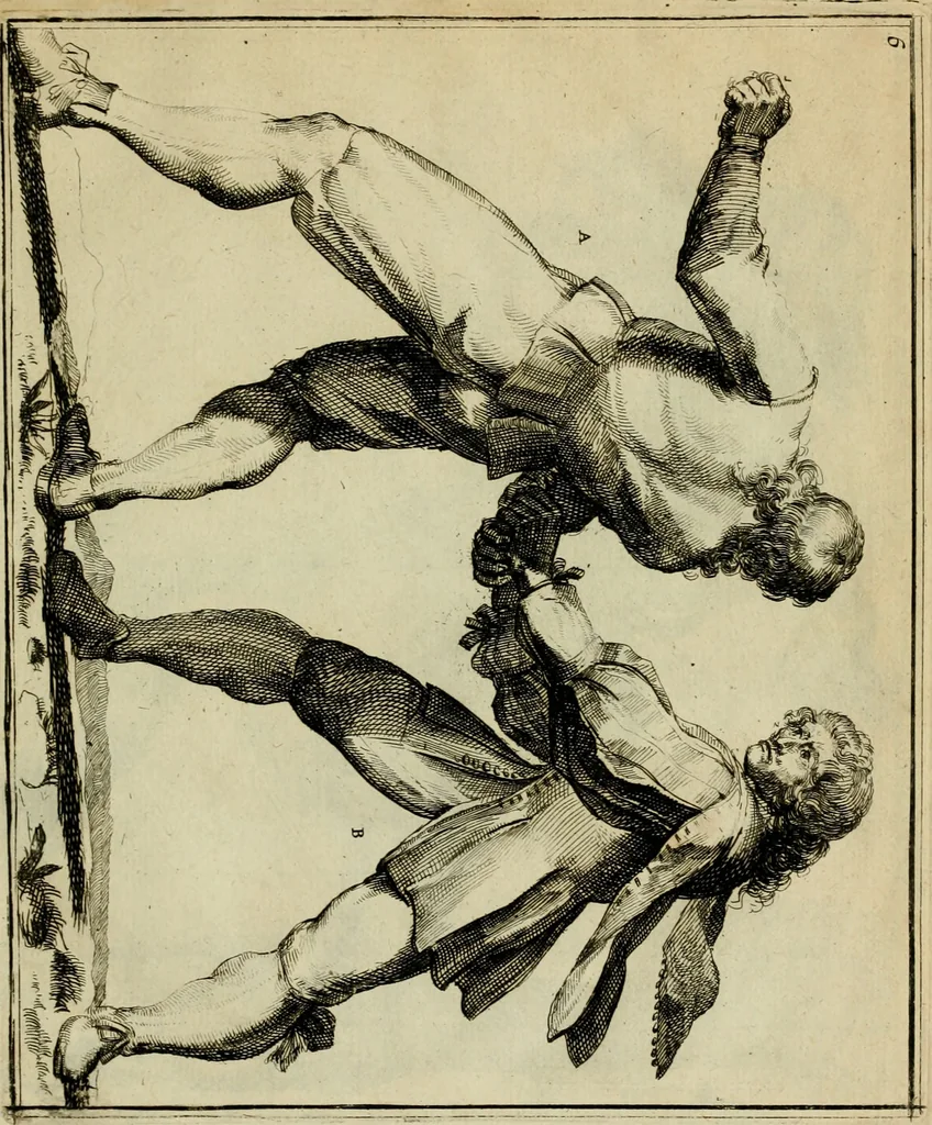 An illustration from Klare onderrichtinge der voortreffelijcke worstel-konst : verhandelende hoemen in alle voorvallen van twist in handtgemeenschap, sich kan hoeden : en alle aengrepen, borst-stooten, vuyst-slagen &c. versetten ..., 1674, leaf 38