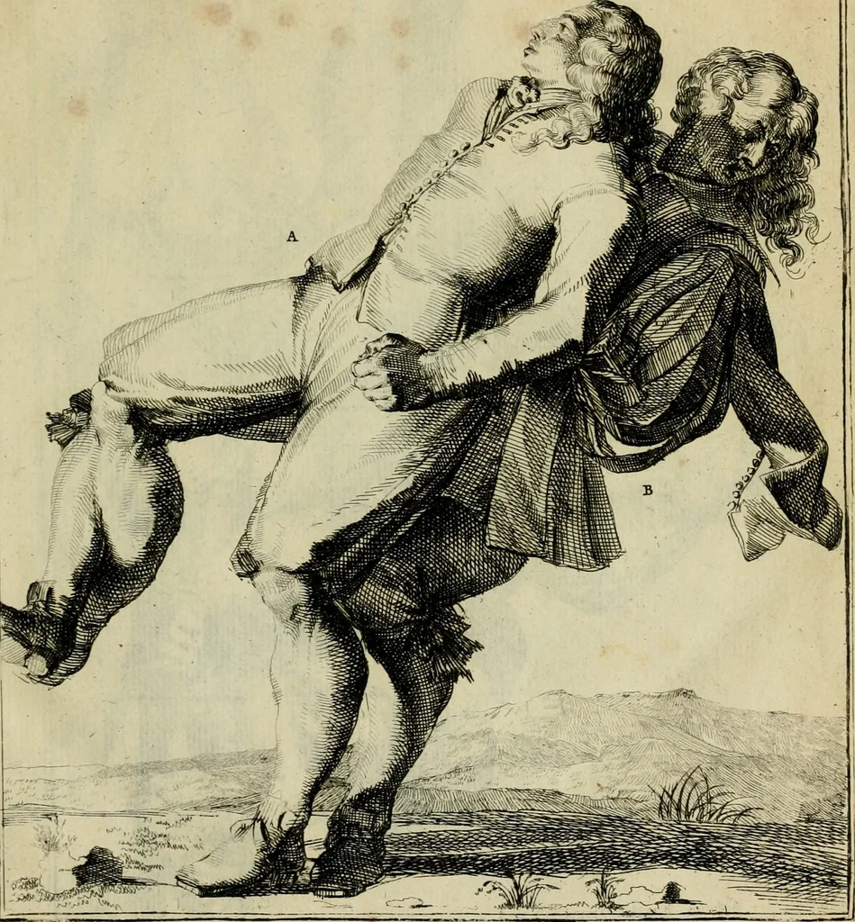 An illustration from Klare onderrichtinge der voortreffelijcke worstel-konst : verhandelende hoemen in alle voorvallen van twist in handtgemeenschap, sich kan hoeden : en alle aengrepen, borst-stooten, vuyst-slagen &c. versetten ..., 1674, leaf 40