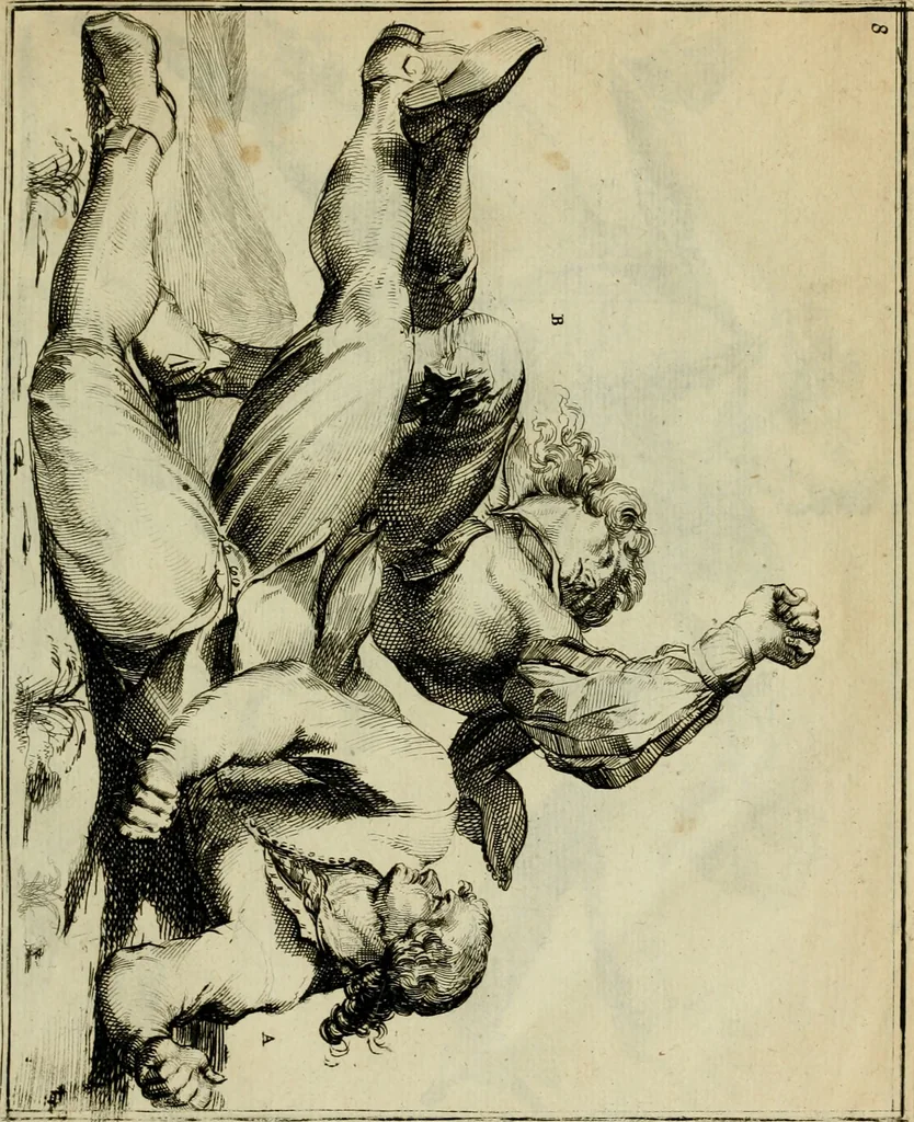 An illustration from Klare onderrichtinge der voortreffelijcke worstel-konst : verhandelende hoemen in alle voorvallen van twist in handtgemeenschap, sich kan hoeden : en alle aengrepen, borst-stooten, vuyst-slagen &c. versetten ..., 1674, leaf 42