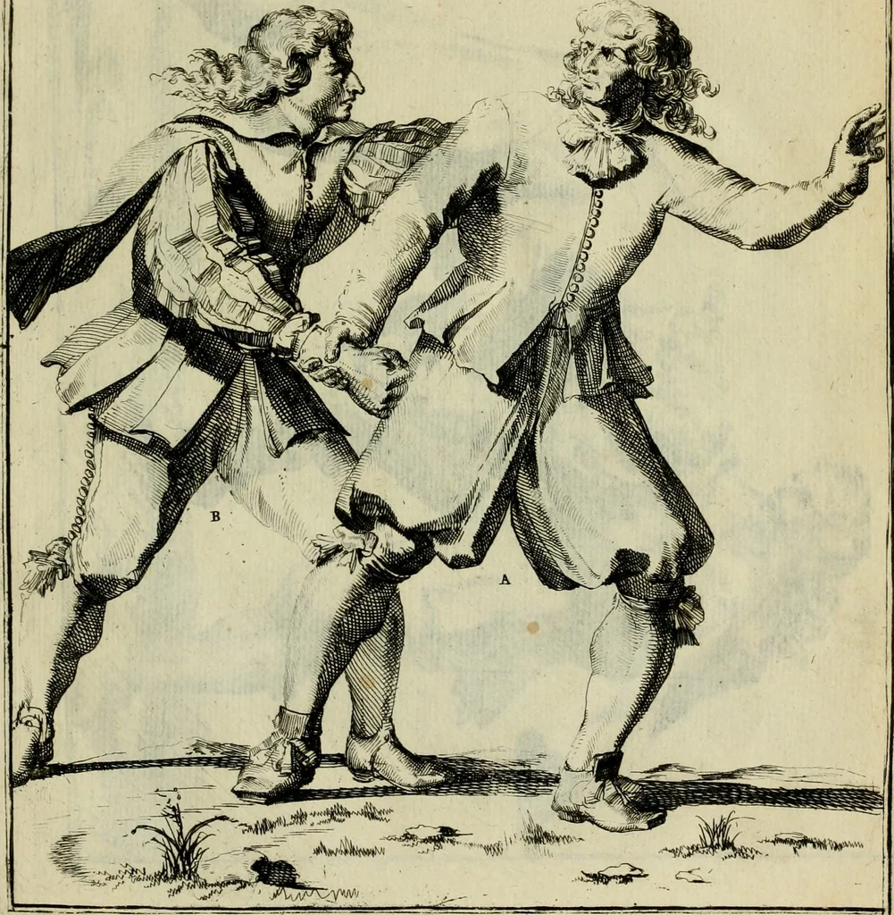 An illustration from Klare onderrichtinge der voortreffelijcke worstel-konst : verhandelende hoemen in alle voorvallen van twist in handtgemeenschap, sich kan hoeden : en alle aengrepen, borst-stooten, vuyst-slagen &c. versetten ..., 1674, leaf 46