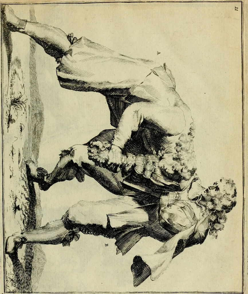 An illustration from Klare onderrichtinge der voortreffelijcke worstel-konst : verhandelende hoemen in alle voorvallen van twist in handtgemeenschap, sich kan hoeden : en alle aengrepen, borst-stooten, vuyst-slagen &c. versetten ..., 1674, leaf 48