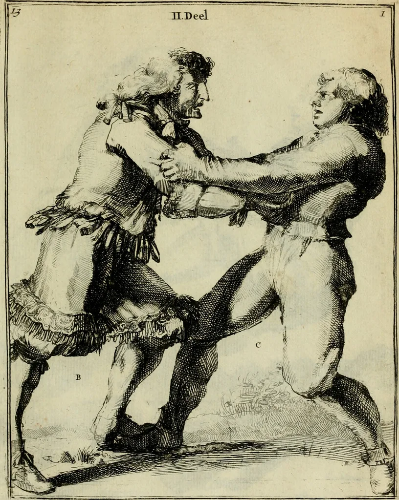An illustration from Klare onderrichtinge der voortreffelijcke worstel-konst : verhandelende hoemen in alle voorvallen van twist in handtgemeenschap, sich kan hoeden : en alle aengrepen, borst-stooten, vuyst-slagen &c. versetten ..., 1674, leaf 52