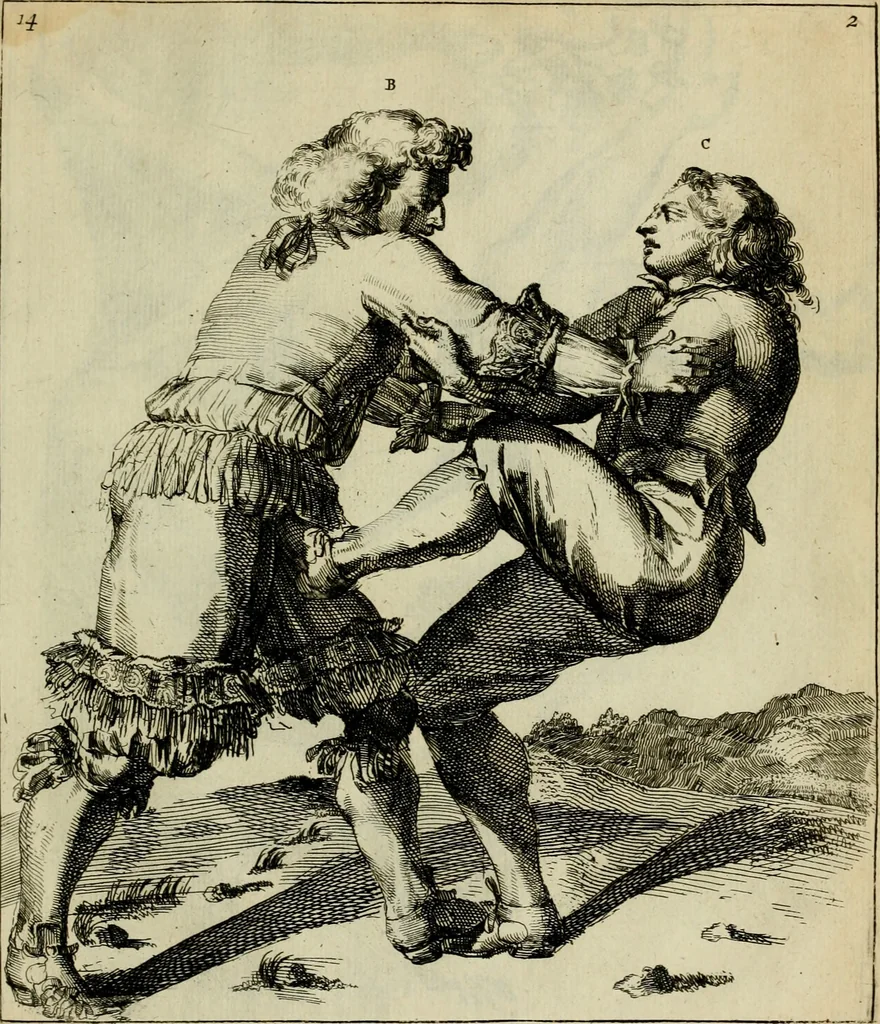 An illustration from Klare onderrichtinge der voortreffelijcke worstel-konst : verhandelende hoemen in alle voorvallen van twist in handtgemeenschap, sich kan hoeden : en alle aengrepen, borst-stooten, vuyst-slagen &c. versetten ..., 1674, leaf 54