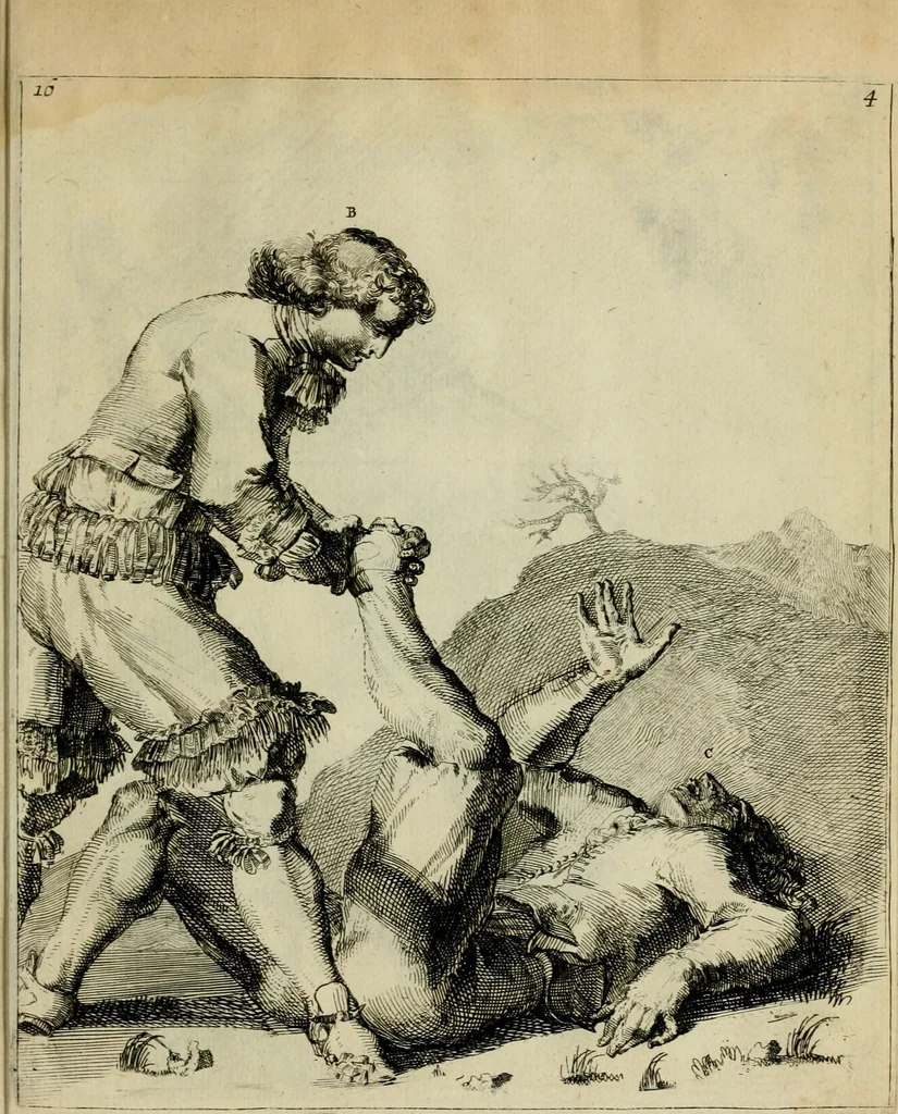 An illustration from Klare onderrichtinge der voortreffelijcke worstel-konst : verhandelende hoemen in alle voorvallen van twist in handtgemeenschap, sich kan hoeden : en alle aengrepen, borst-stooten, vuyst-slagen &c. versetten ..., 1674, leaf 58