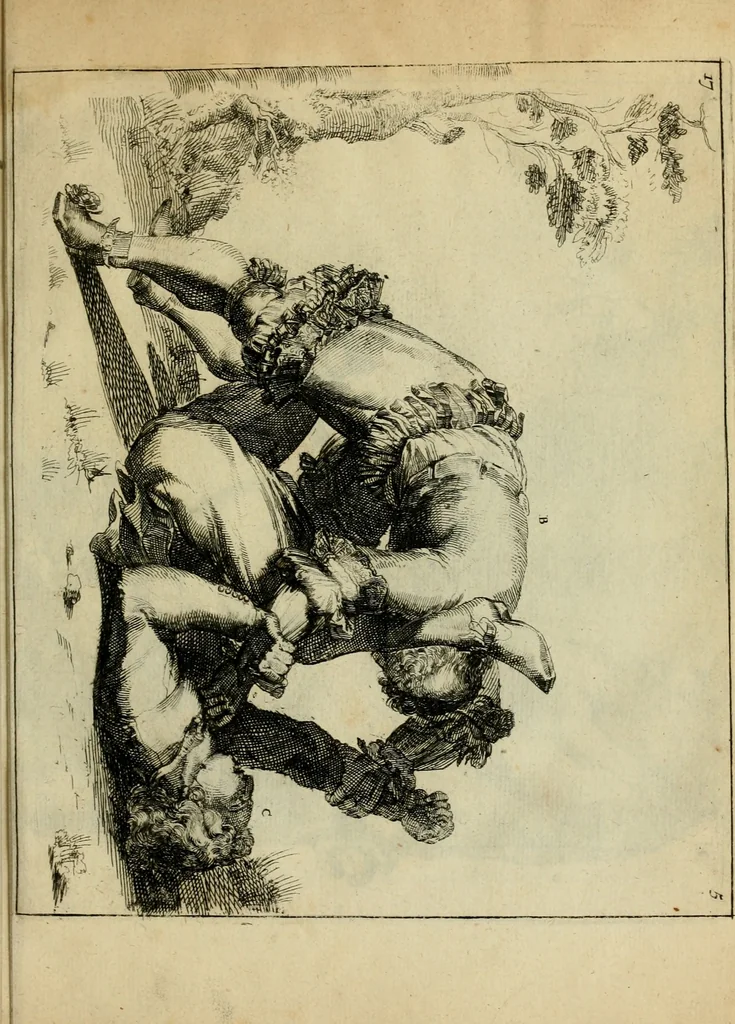 An illustration from Klare onderrichtinge der voortreffelijcke worstel-konst : verhandelende hoemen in alle voorvallen van twist in handtgemeenschap, sich kan hoeden : en alle aengrepen, borst-stooten, vuyst-slagen &c. versetten ..., 1674, leaf 60