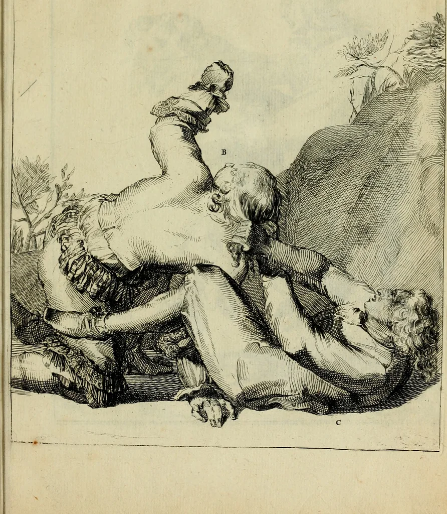 An illustration from Klare onderrichtinge der voortreffelijcke worstel-konst : verhandelende hoemen in alle voorvallen van twist in handtgemeenschap, sich kan hoeden : en alle aengrepen, borst-stooten, vuyst-slagen &c. versetten ..., 1674, leaf 62