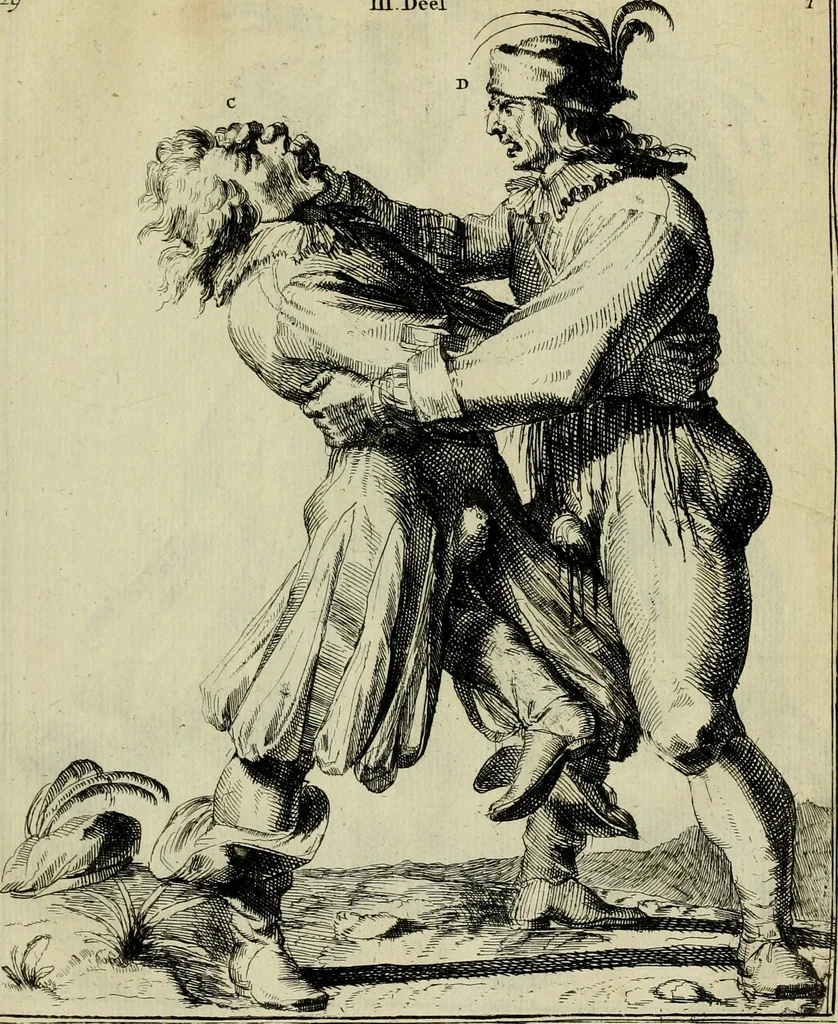 An illustration from Klare onderrichtinge der voortreffelijcke worstel-konst : verhandelende hoemen in alle voorvallen van twist in handtgemeenschap, sich kan hoeden : en alle aengrepen, borst-stooten, vuyst-slagen &c. versetten ..., 1674, leaf 64