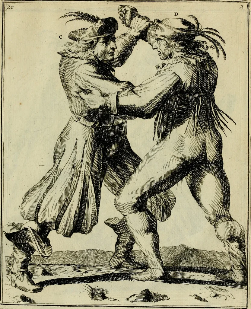 An illustration from Klare onderrichtinge der voortreffelijcke worstel-konst : verhandelende hoemen in alle voorvallen van twist in handtgemeenschap, sich kan hoeden : en alle aengrepen, borst-stooten, vuyst-slagen &c. versetten ..., 1674, leaf 66