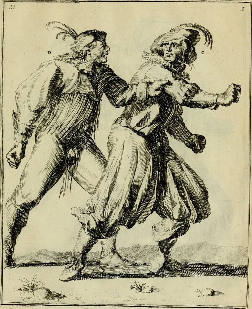 An illustration from Klare onderrichtinge der voortreffelijcke worstel-konst : verhandelende hoemen in alle voorvallen van twist in handtgemeenschap, sich kan hoeden : en alle aengrepen, borst-stooten, vuyst-slagen &c. versetten ..., 1674, leaf 68