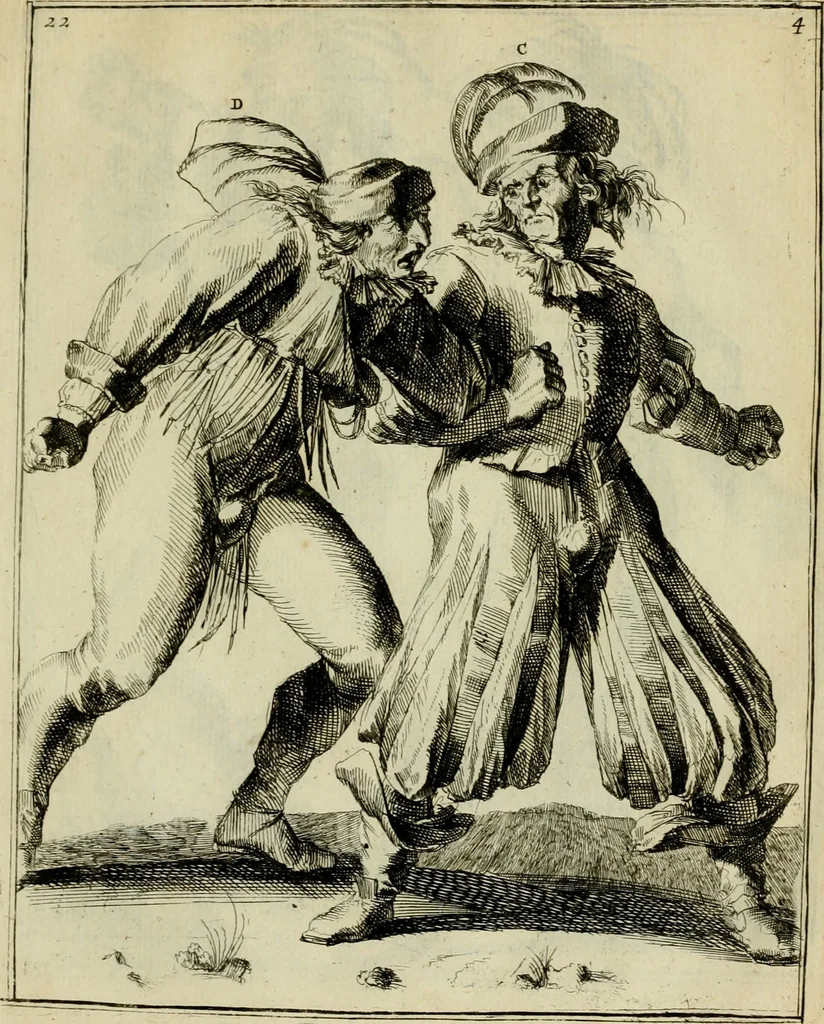 An illustration from Klare onderrichtinge der voortreffelijcke worstel-konst : verhandelende hoemen in alle voorvallen van twist in handtgemeenschap, sich kan hoeden : en alle aengrepen, borst-stooten, vuyst-slagen &c. versetten ..., 1674, leaf 70