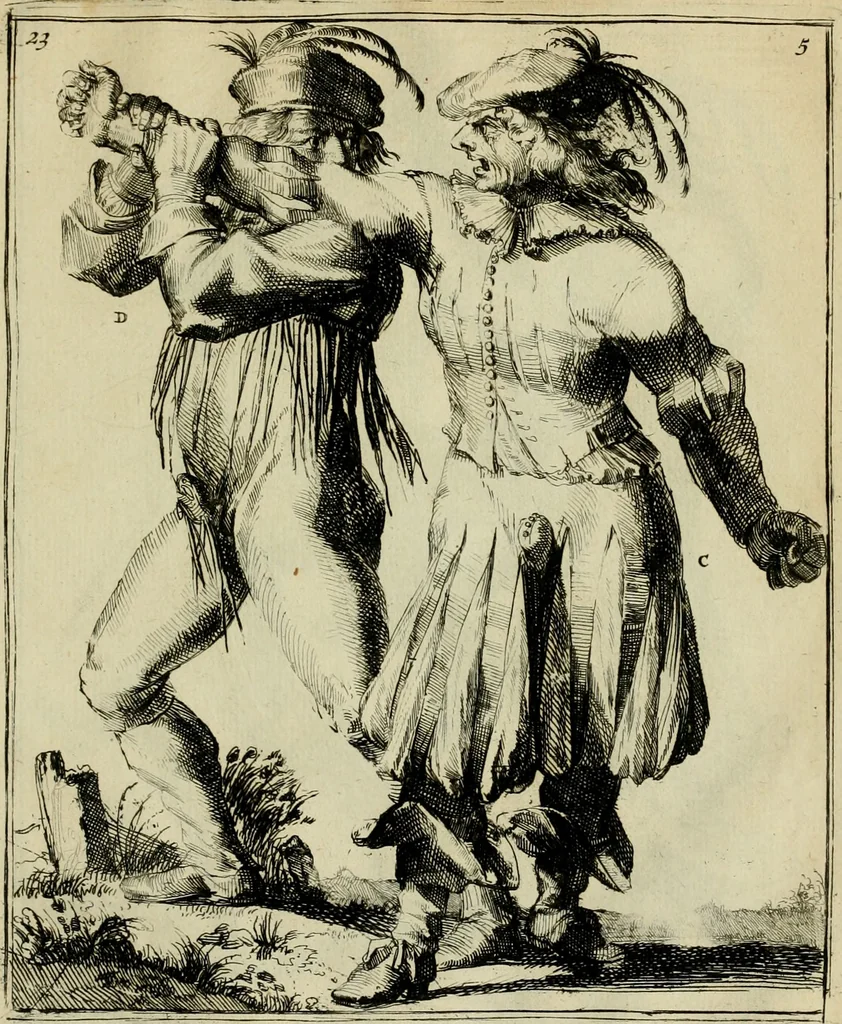 An illustration from Klare onderrichtinge der voortreffelijcke worstel-konst : verhandelende hoemen in alle voorvallen van twist in handtgemeenschap, sich kan hoeden : en alle aengrepen, borst-stooten, vuyst-slagen &c. versetten ..., 1674, leaf 72