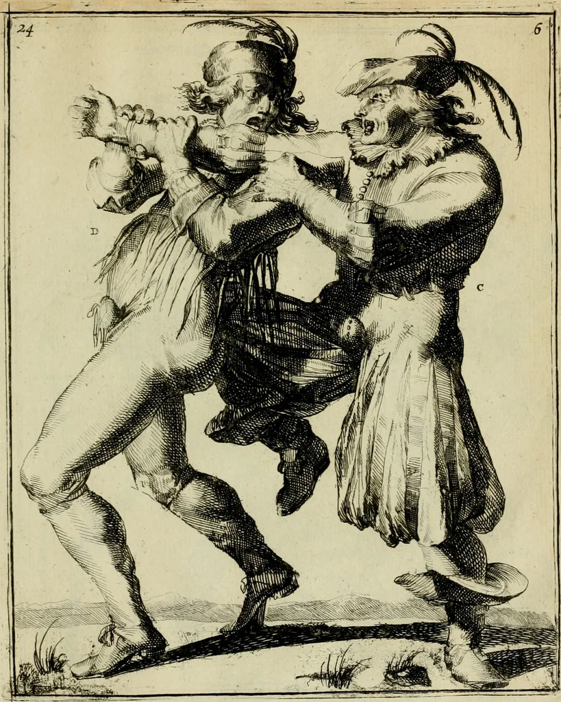 An illustration from Klare onderrichtinge der voortreffelijcke worstel-konst : verhandelende hoemen in alle voorvallen van twist in handtgemeenschap, sich kan hoeden : en alle aengrepen, borst-stooten, vuyst-slagen &c. versetten ..., 1674, leaf 74