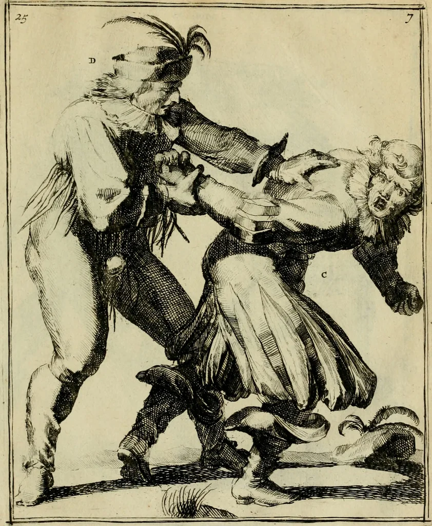 An illustration from Klare onderrichtinge der voortreffelijcke worstel-konst : verhandelende hoemen in alle voorvallen van twist in handtgemeenschap, sich kan hoeden : en alle aengrepen, borst-stooten, vuyst-slagen &c. versetten ..., 1674, leaf 76
