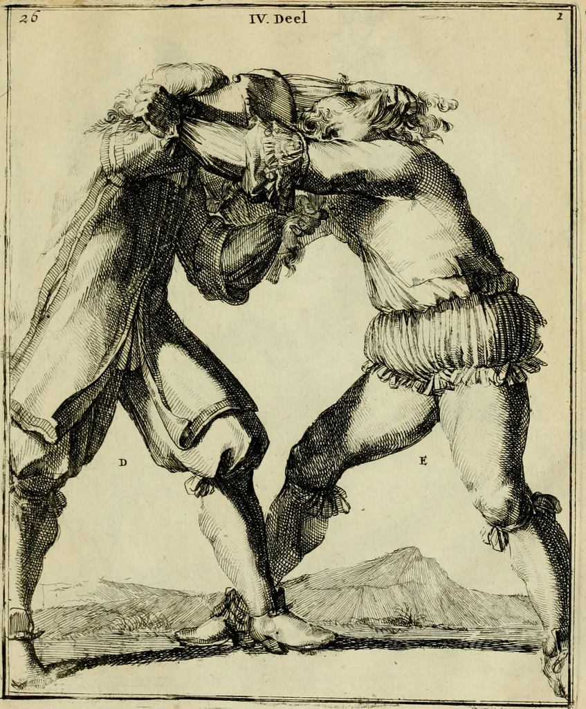 An illustration from Klare onderrichtinge der voortreffelijcke worstel-konst : verhandelende hoemen in alle voorvallen van twist in handtgemeenschap, sich kan hoeden : en alle aengrepen, borst-stooten, vuyst-slagen &c. versetten ..., 1674, leaf 78