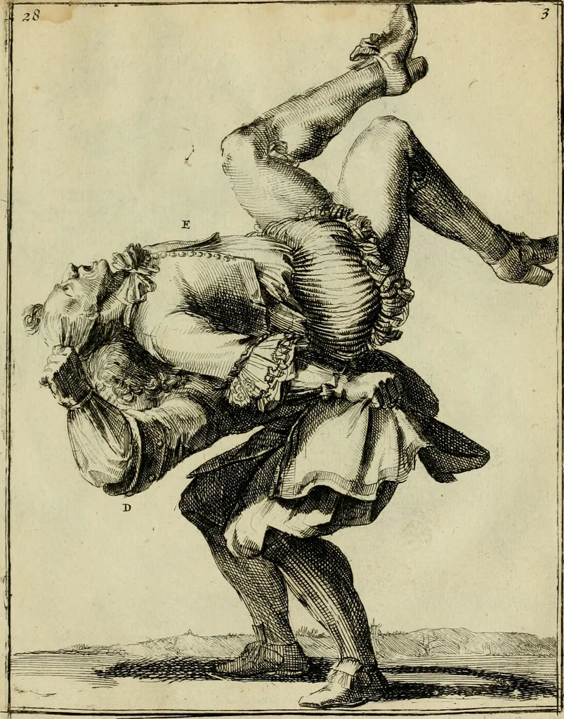 An illustration from Klare onderrichtinge der voortreffelijcke worstel-konst : verhandelende hoemen in alle voorvallen van twist in handtgemeenschap, sich kan hoeden : en alle aengrepen, borst-stooten, vuyst-slagen &c. versetten ..., 1674, leaf 82