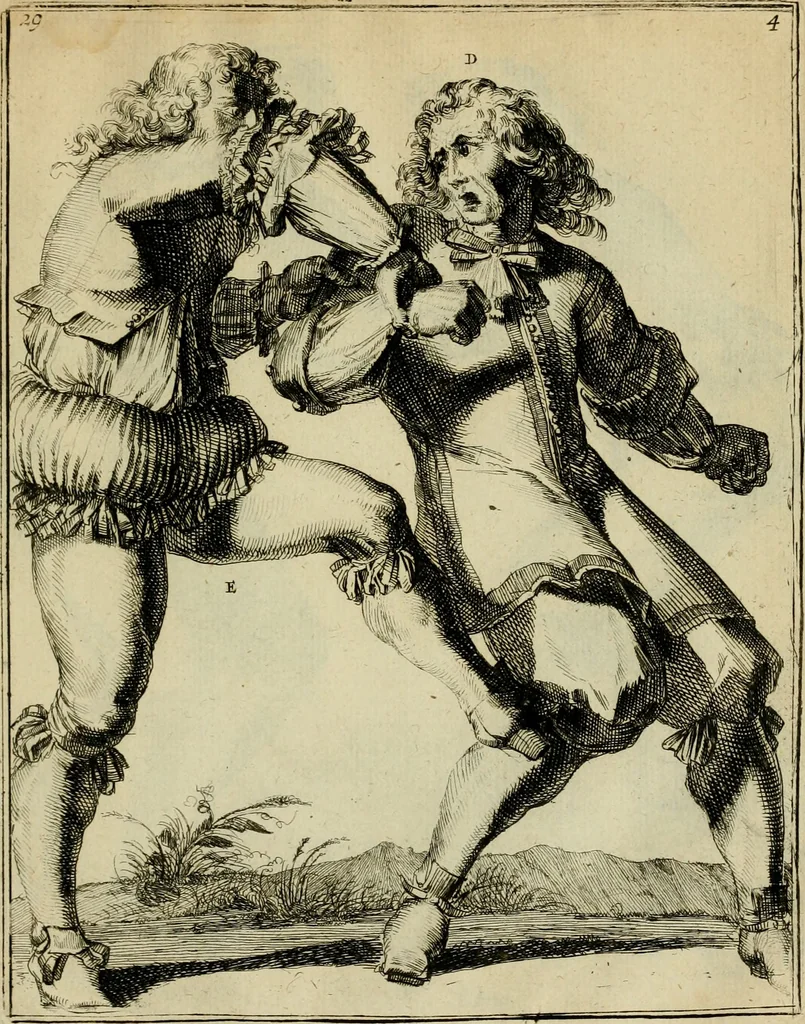 An illustration from Klare onderrichtinge der voortreffelijcke worstel-konst : verhandelende hoemen in alle voorvallen van twist in handtgemeenschap, sich kan hoeden : en alle aengrepen, borst-stooten, vuyst-slagen &c. versetten ..., 1674, leaf 84