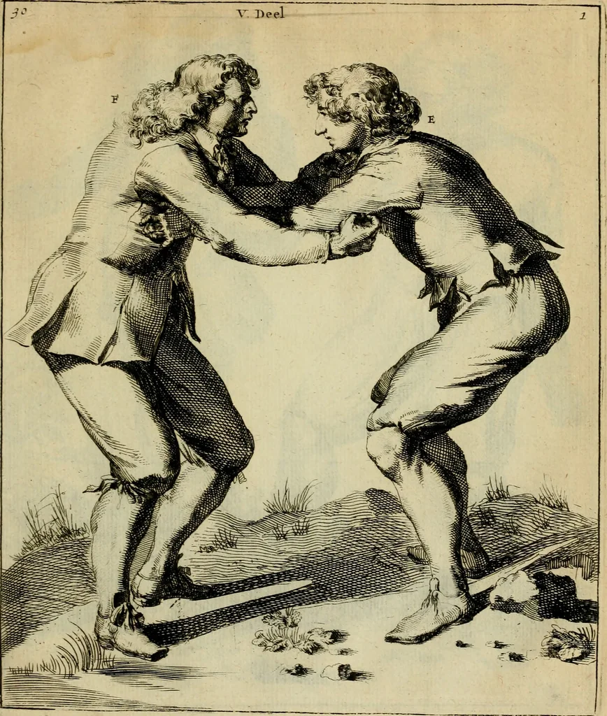An illustration from Klare onderrichtinge der voortreffelijcke worstel-konst : verhandelende hoemen in alle voorvallen van twist in handtgemeenschap, sich kan hoeden : en alle aengrepen, borst-stooten, vuyst-slagen &c. versetten ..., 1674, leaf 86