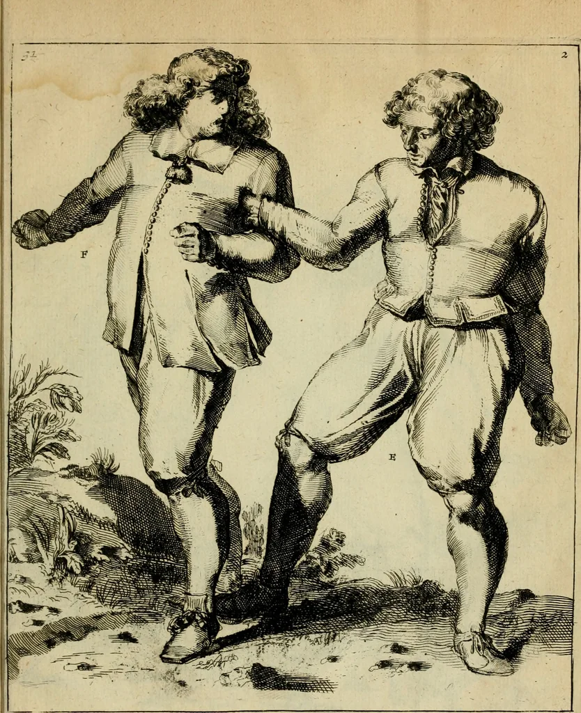 An illustration from Klare onderrichtinge der voortreffelijcke worstel-konst : verhandelende hoemen in alle voorvallen van twist in handtgemeenschap, sich kan hoeden : en alle aengrepen, borst-stooten, vuyst-slagen &c. versetten ..., 1674, leaf 88
