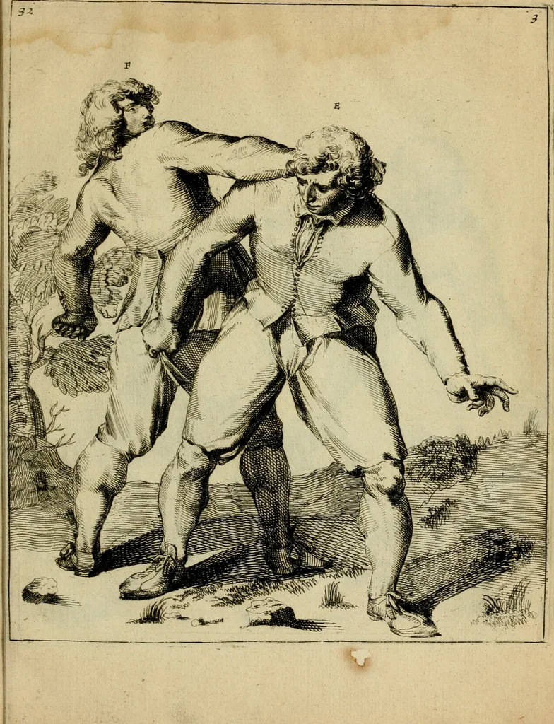 An illustration from Klare onderrichtinge der voortreffelijcke worstel-konst : verhandelende hoemen in alle voorvallen van twist in handtgemeenschap, sich kan hoeden : en alle aengrepen, borst-stooten, vuyst-slagen &c. versetten ..., 1674, leaf 90