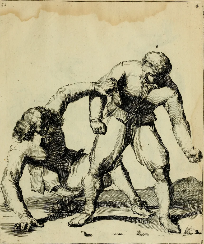 An illustration from Klare onderrichtinge der voortreffelijcke worstel-konst : verhandelende hoemen in alle voorvallen van twist in handtgemeenschap, sich kan hoeden : en alle aengrepen, borst-stooten, vuyst-slagen &c. versetten ..., 1674, leaf 92