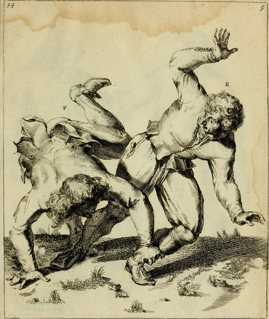 An illustration from Klare onderrichtinge der voortreffelijcke worstel-konst : verhandelende hoemen in alle voorvallen van twist in handtgemeenschap, sich kan hoeden : en alle aengrepen, borst-stooten, vuyst-slagen &c. versetten ..., 1674, leaf 94