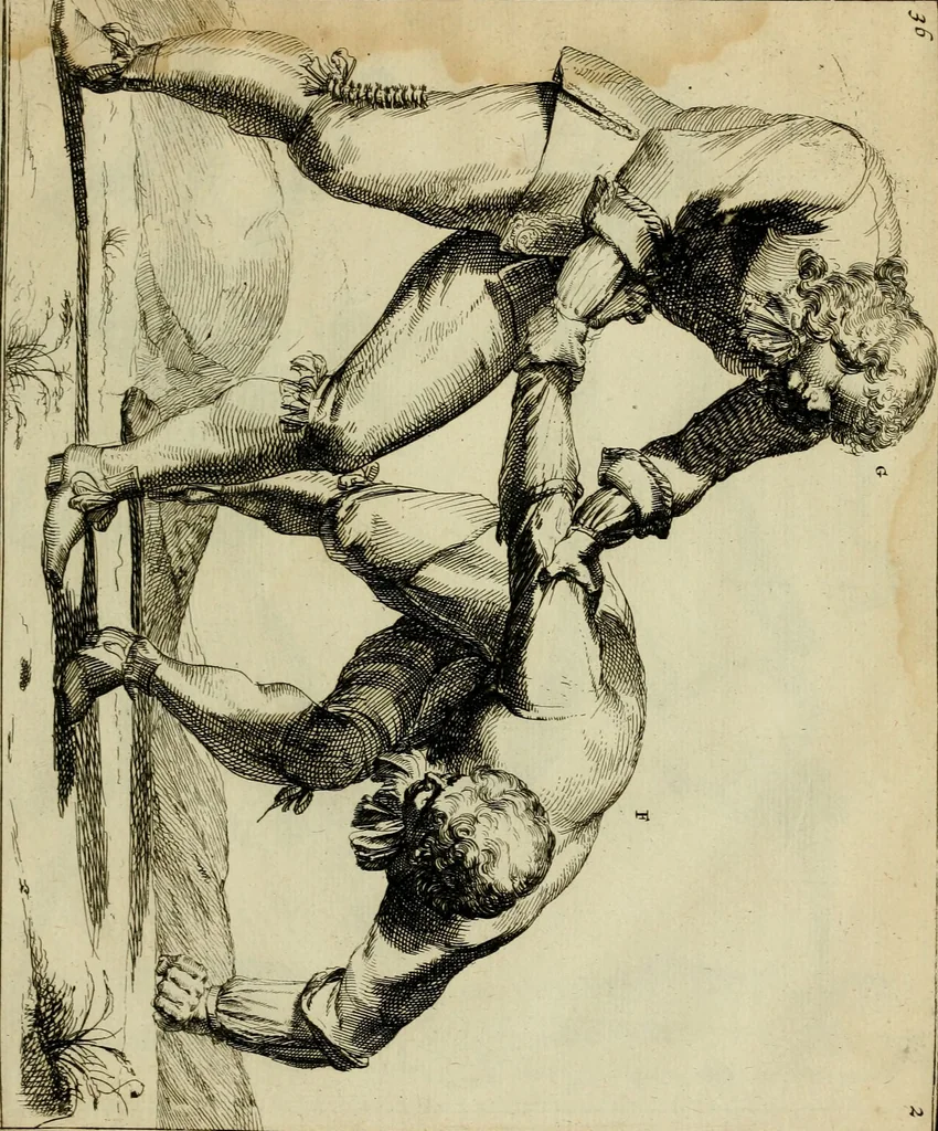 An illustration from Klare onderrichtinge der voortreffelijcke worstel-konst : verhandelende hoemen in alle voorvallen van twist in handtgemeenschap, sich kan hoeden : en alle aengrepen, borst-stooten, vuyst-slagen &c. versetten ..., 1674, leaf 98