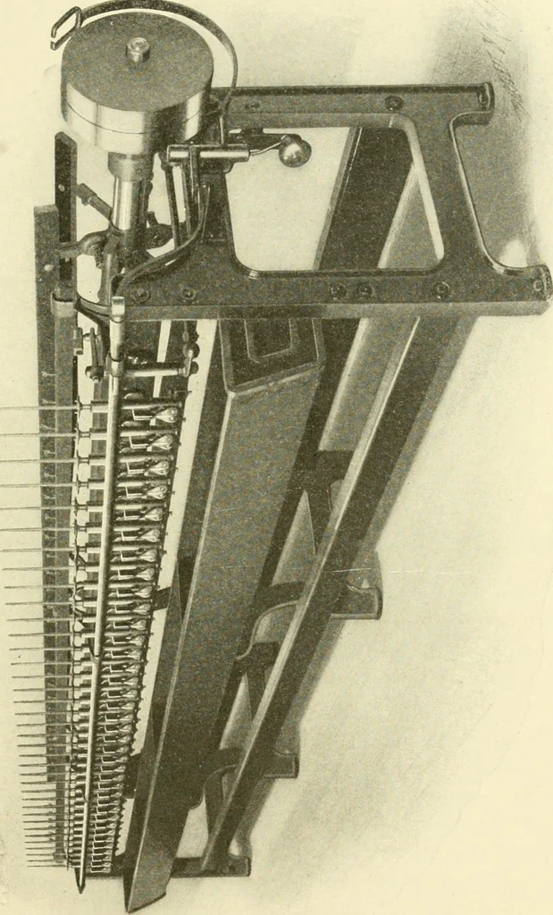 An illustration from Knitting; a manual of practical instruction in the mechanical details of all types of knitting machinery, their operation, adjustment, and care, 1909, leaf 22