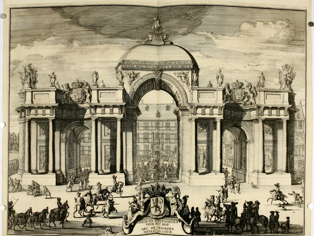 An illustration from Komste van Zyne Majesteit Willem III. koning van Groot Britanje, enz. in Holland, of, Te omstandelyke beschryving van alles, : het welke op des zelfs komste en geduurende zyn verblyf, in's Graavenhaage en elders, ten teeken van vreugde en eere, is opgerecht en voorgevallen, 1691, leaf 129