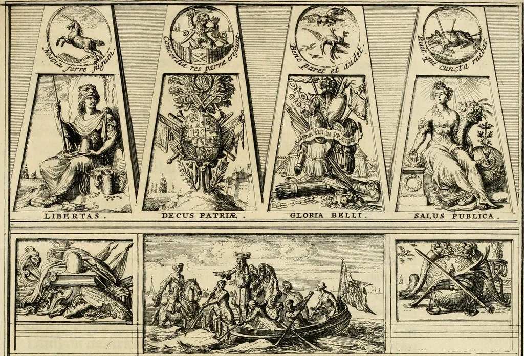 An illustration from Komste van Zyne Majesteit Willem III. koning van Groot Britanje, enz. in Holland, of, Te omstandelyke beschryving van alles, : het welke op des zelfs komste en geduurende zyn verblyf, in's Graavenhaage en elders, ten teeken van vreugde en eere, is opgerecht en voorgevallen, 1691, leaf 142