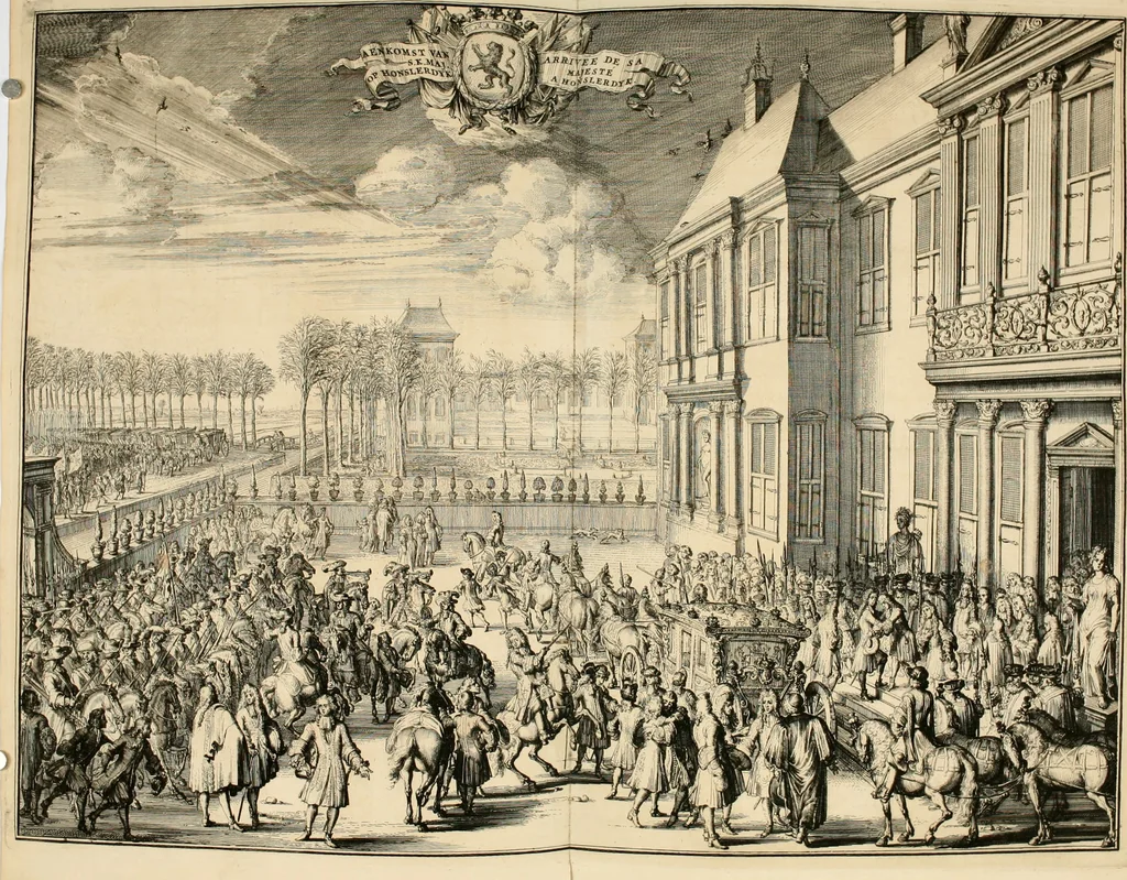 An illustration from Komste van Zyne Majesteit Willem III. koning van Groot Britanje, enz. in Holland, of, Te omstandelyke beschryving van alles, : het welke op des zelfs komste en geduurende zyn verblyf, in's Graavenhaage en elders, ten teeken van vreugde en eere, is opgerecht en voorgevallen, 1691, leaf 39