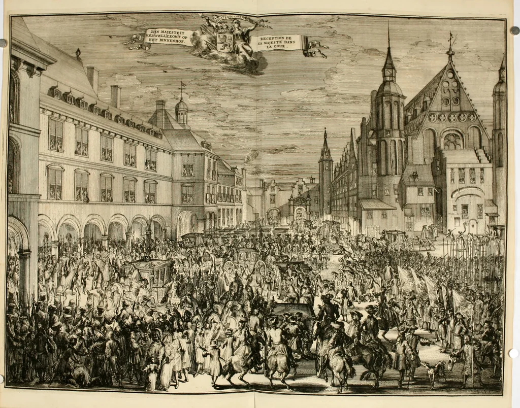 An illustration from Komste van Zyne Majesteit Willem III. koning van Groot Britanje, enz. in Holland, of, Te omstandelyke beschryving van alles, : het welke op des zelfs komste en geduurende zyn verblyf, in's Graavenhaage en elders, ten teeken van vreugde en eere, is opgerecht en voorgevallen, 1691, leaf 43