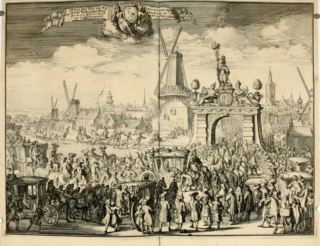 An illustration from Komste van Zyne Majesteit Willem III. koning van Groot Britanje, enz. in Holland, of, Te omstandelyke beschryving van alles, : het welke op des zelfs komste en geduurende zyn verblyf, in's Graavenhaage en elders, ten teeken van vreugde en eere, is opgerecht en voorgevallen, 1691, leaf 55